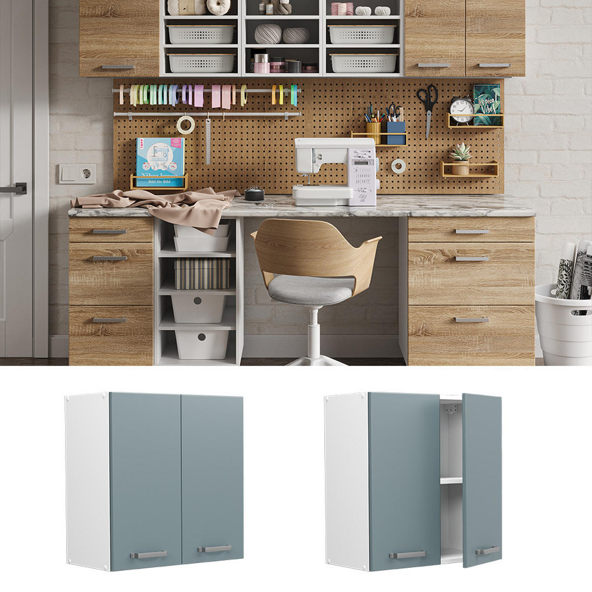 UNIVERZÁLNÍ NÁSTĚNNÁ SKŘÍŇKA R-Line Modrošedá - bílá/šedohnědá, kompozitní dřevo (60/60/31cm) - Vicco