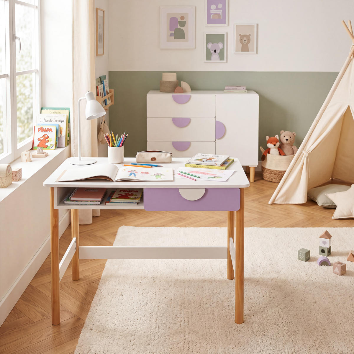 KINDERSCHREIBTISCH Weiß Lila 80/45/60 - Weiß, Holz (80/60/45cm) - Mobili Rebecca