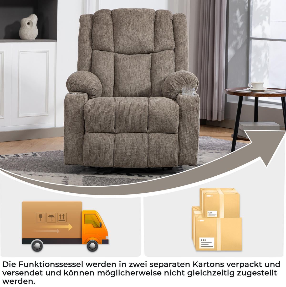 RELAXSESSEL elektrisch mit Aufstehhilfe und Fußteil in Hellbraun - Hellbraun, Textil (84/106/91cm) - BEAOK