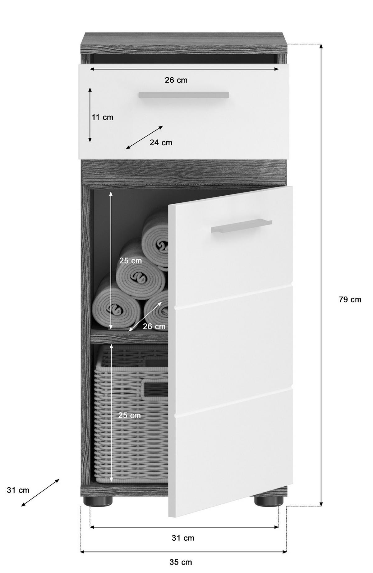 KOMMODE weiß Hochglanz, grau Rauchsilber 35 cm, Badschrank mit Schublade - Weiß Hochglanz/Silberfarben, Holzwerkstoff/Kunststoff (35/79/31cm) - Inn.Furn