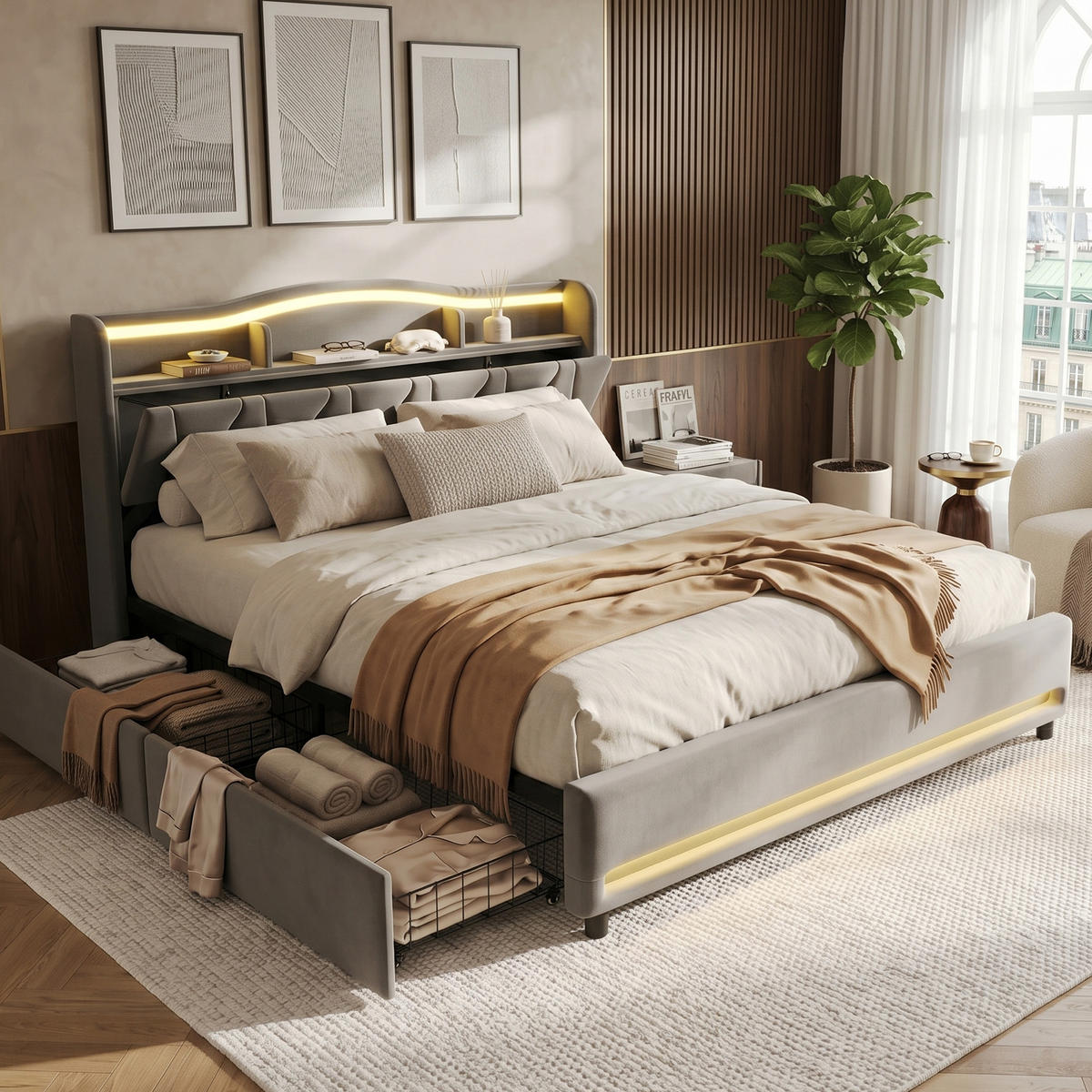 POLSTERBETT Geometrisch 160/200 cm mit 4 Schubladen & App-LED Samtoptik Grau - Grau, Textil (160/200cm) - Creahappy