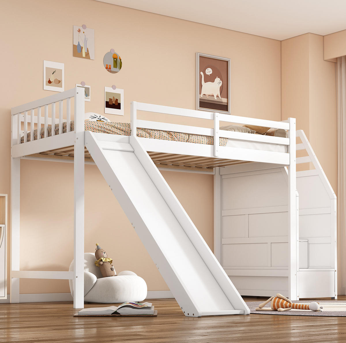HOCHBETT 90/200 cm mit Rutsche, Ablageleiter und EN747-Zertifizierung aus Kiefer , Weiß - Weiß, Holzwerkstoff (90/200cm) - Redom