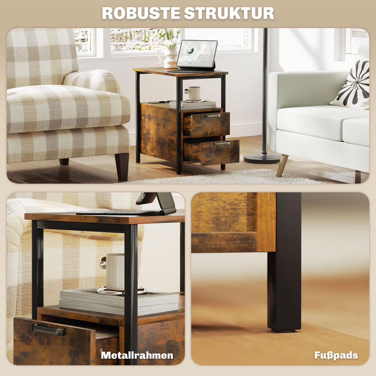 BEISTELLTISCH Couchtisch mit Aufladestation, USB-Anschlüssen und Steckdosen, Rustikal-Braun - Braun, Holzwerkstoff (35/55/58.5cm) - HOMCOM