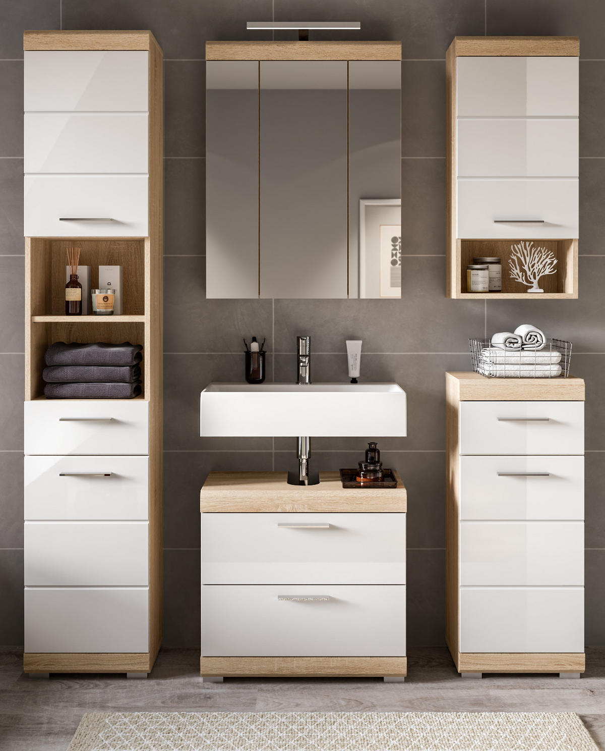 BADMÖBEL-SETWEISS Hochglanz, Eiche 5-teilig 164 cm, Komplettset mit viel Stauraum - Weiß Hochglanz/Eichefarben, Holzwerkstoff (164/191/37cm) - Inn.Furn