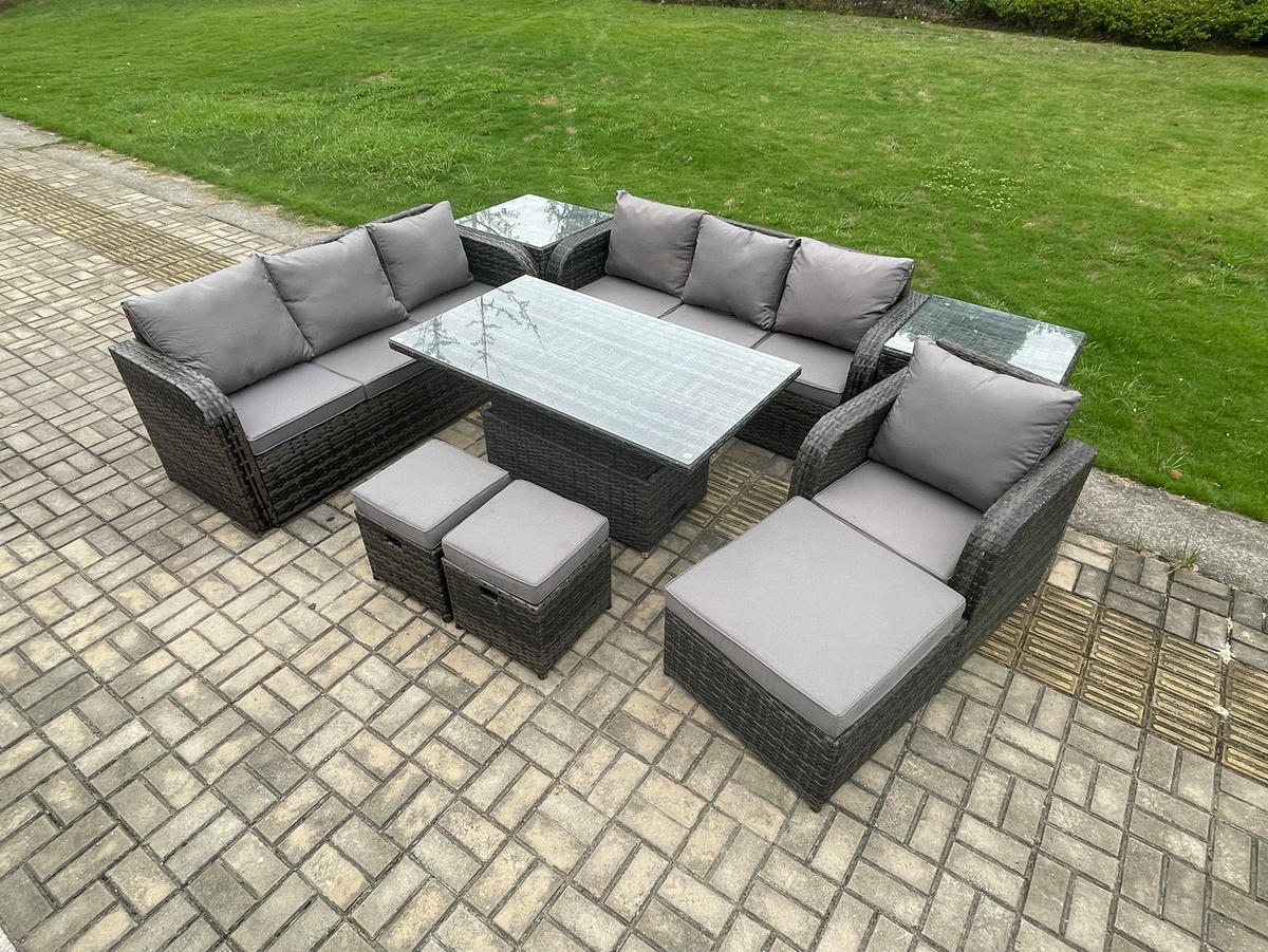 GARTENMÖBELSET mit 3 Hocker Höhenverstellbarer Esstisch 10-Sitzer Grau - Dunkelgrau/Grau, Glas/Kunststoff - Fimous