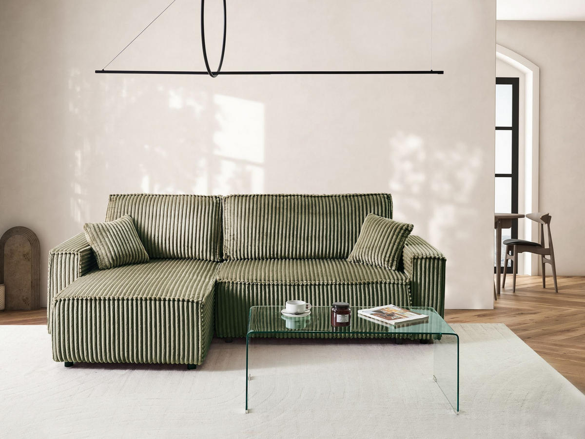ECKSCHLAFSOFA 3-Sitzer Cord Grün mit Stauraum rechtsseitig Abacka - Grün, Textil (247/147cm) - Beliani