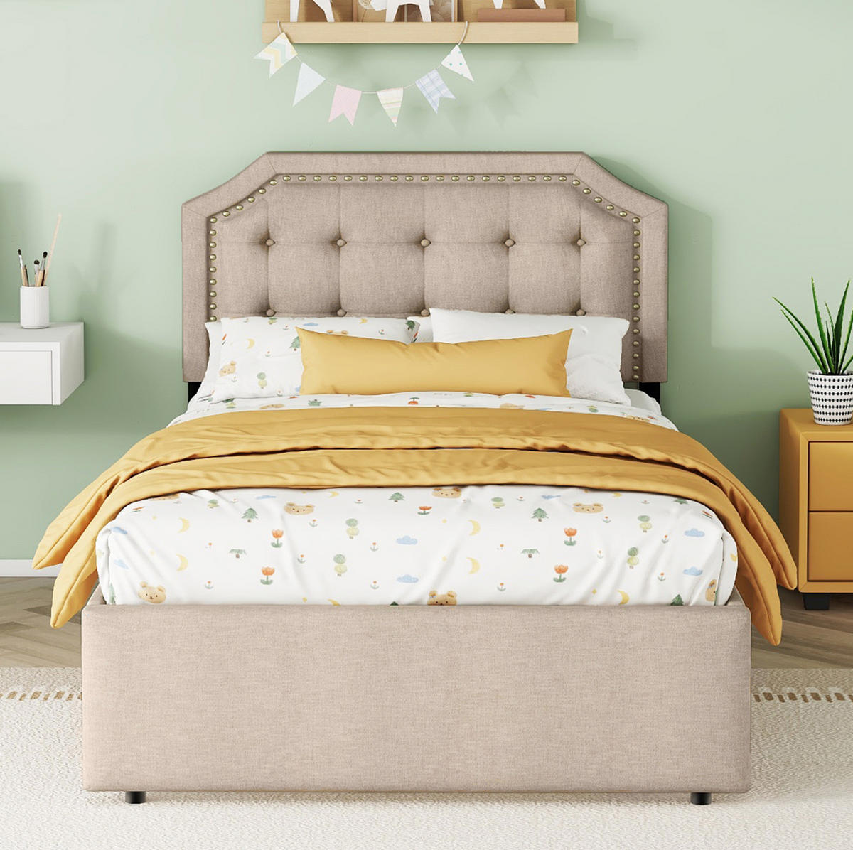 POLSTERBETT aus Leinen und MDF 90x200 cm in Dunkelbeige mit 2 Schubladen - Beige, Textil (90/200cm) - Modfu