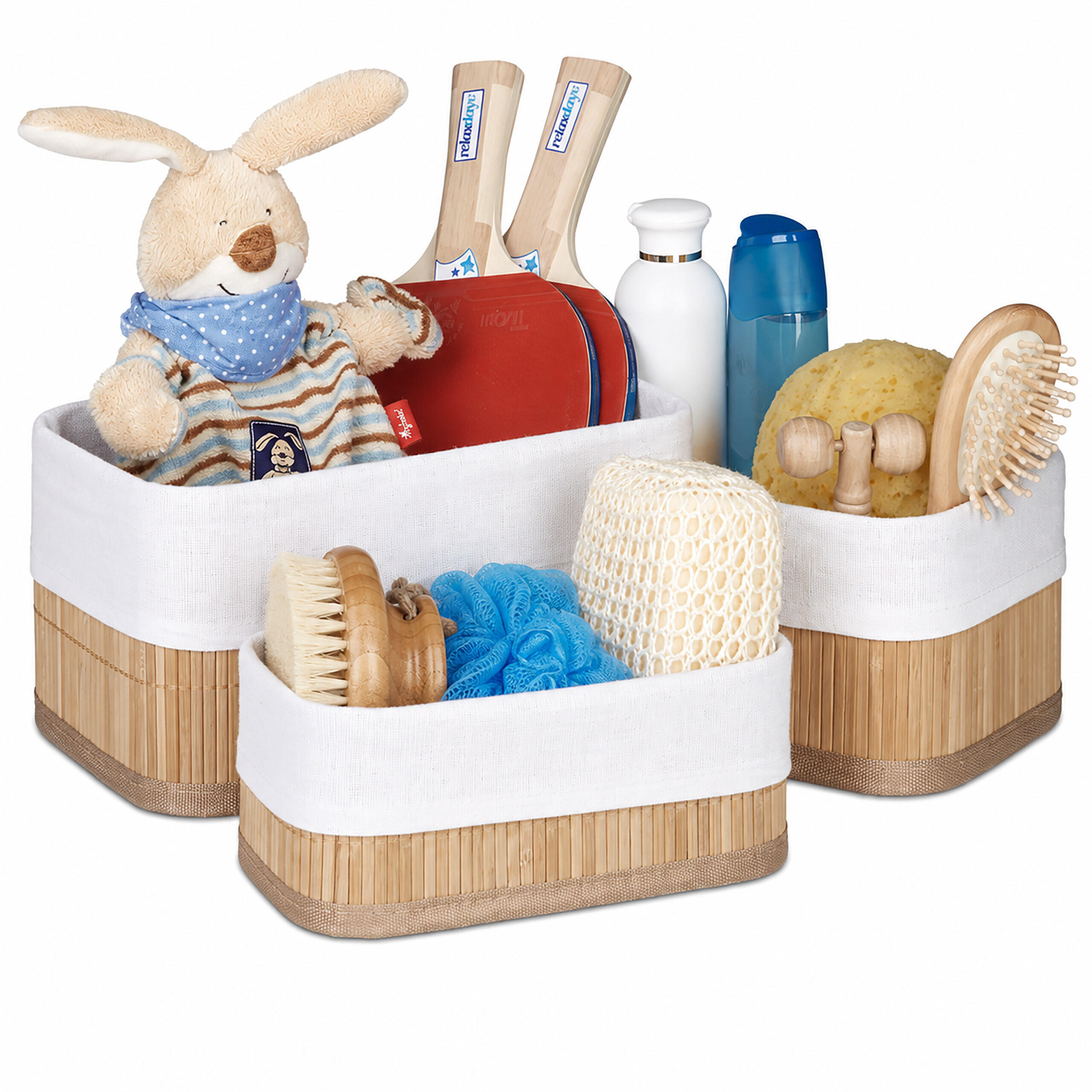 KOŠARA Naravna 3-delni-Set bambus - svetlo rjava, leseni material/tekstil (30/12.5/20cm) - Relaxdays