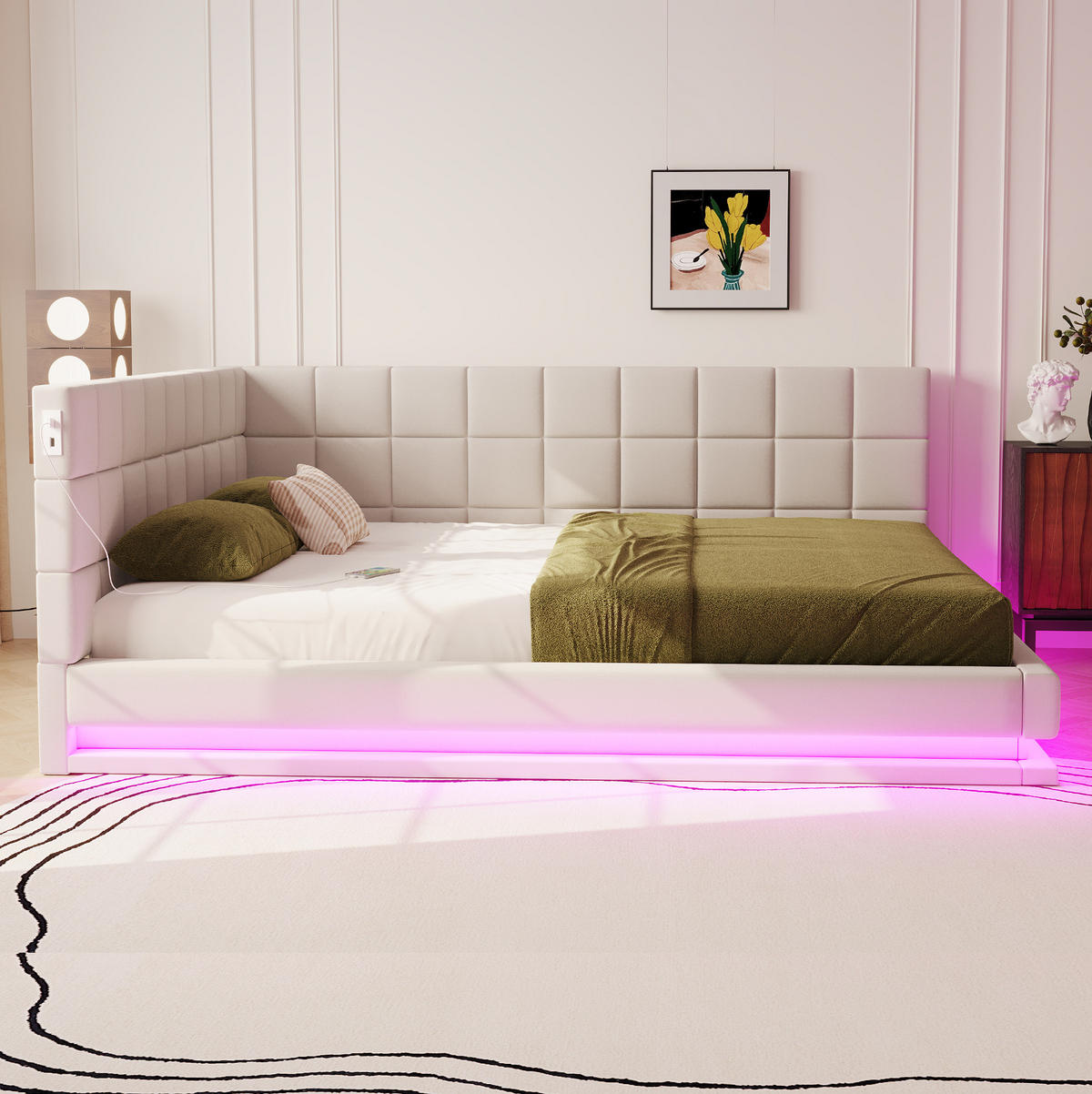 SCHLAFSOFA 160/200 cm mit LED-Beleuchtung, USB-Anschluss und Lattenrost, Leinenstoff, Beige - Beige, Textil (206/63/167cm) - Redom