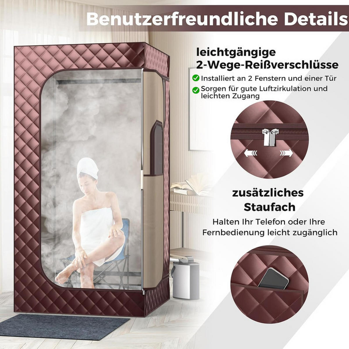 DAMPFSAUNA Tragbare braun - Braun, Textil (91/183/91cm) - COSTWAY