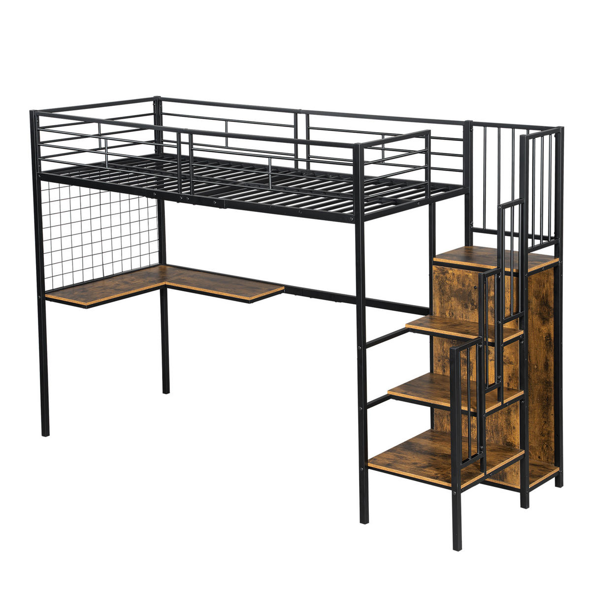 HOCHBETT aus Metall und Holzwerkstoff 90x200 cm Schwarz und Dunkelwalnuss mit Kleiderschrank und Seitentreppe - Schwarz, Holzwerkstoff (90/200cm) - Modfu