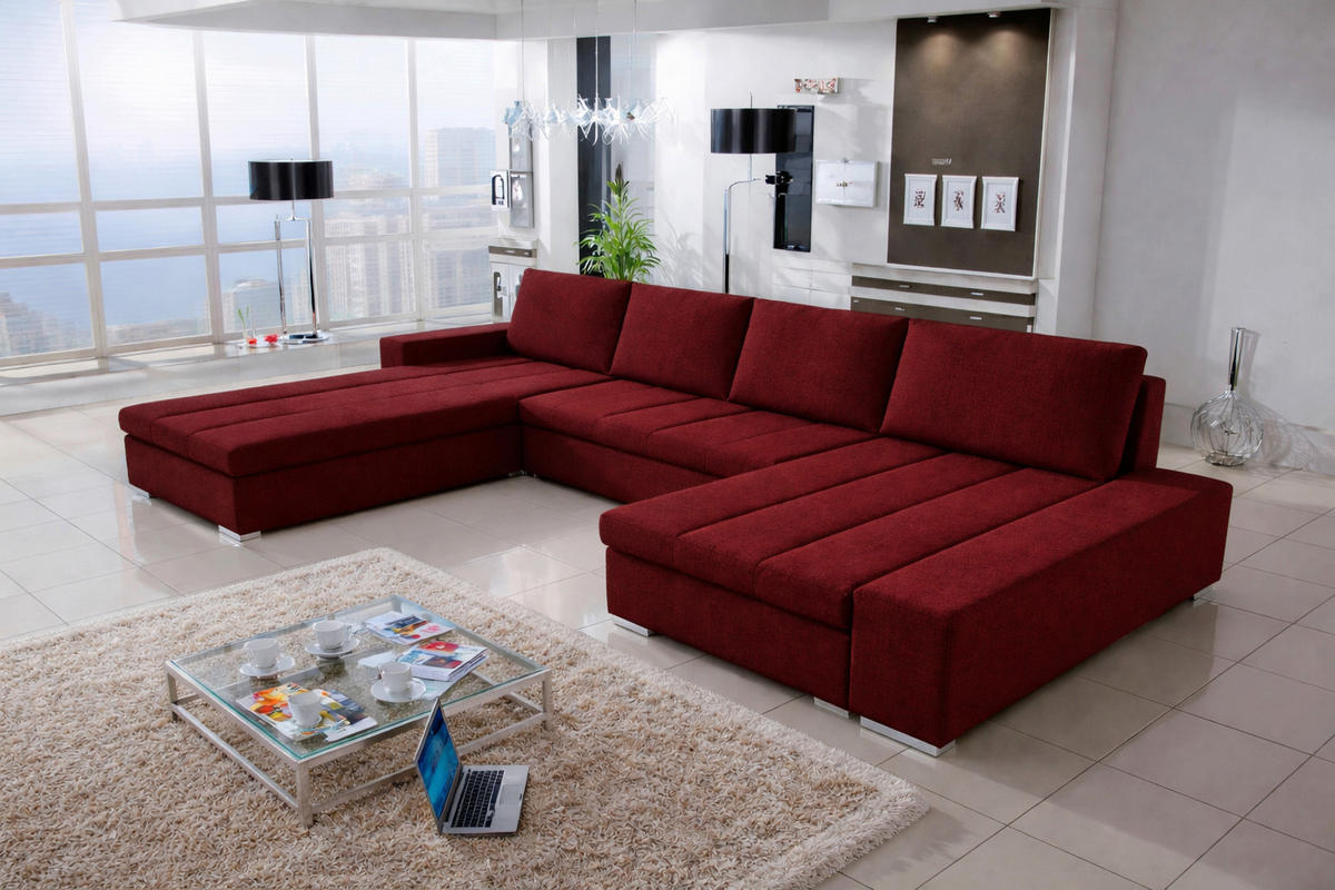 WOHNLANDSCHAFT VERONA U-Form mit Schlaffunktion, Bettkasten und Wellenfederung – Großzügiges Ecksofa 387 cm - Rot, Kunststoff (387/85/213cm) - Wohnideebilder