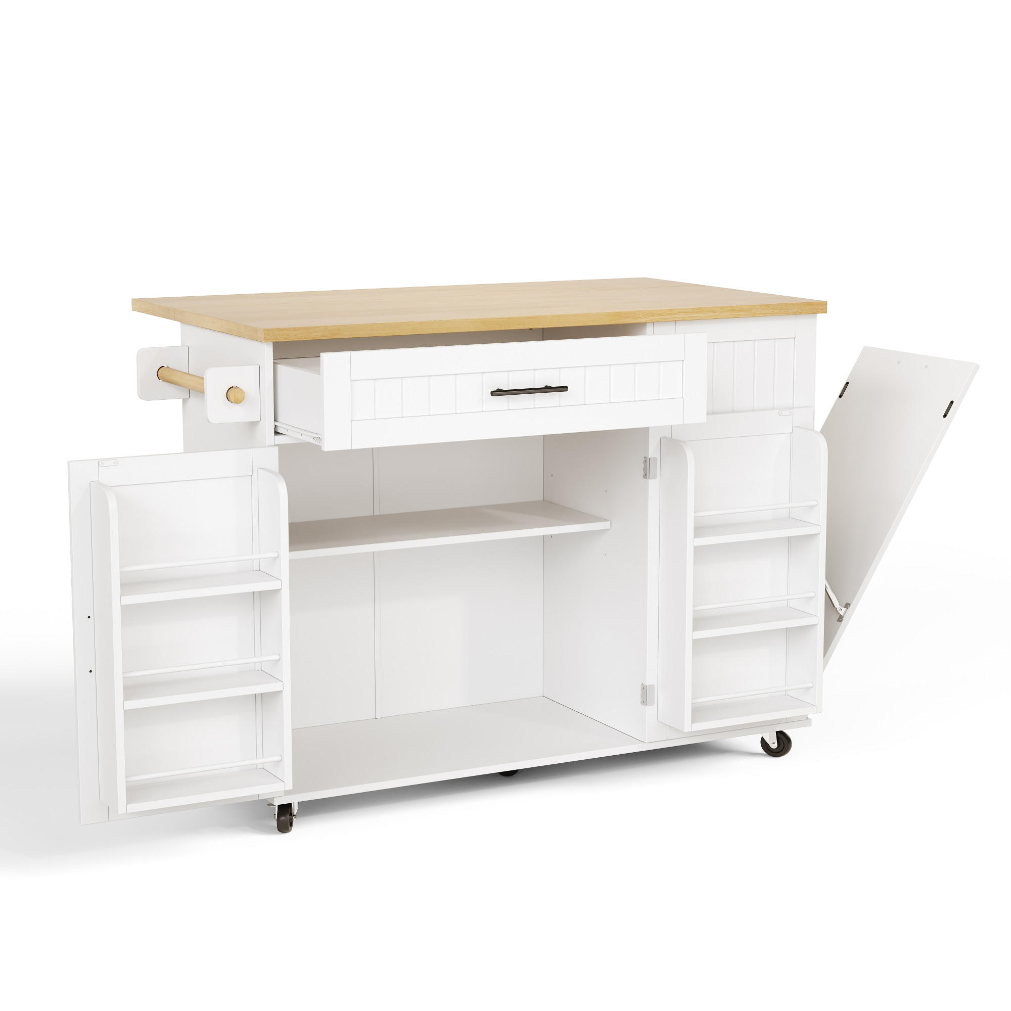 KÜCHENINSEL auf Rollen 130/45/93.3 cm Weiß mit klappbarer Arbeitsplatte, 1 Schublade und Mülleimerschrank - Weiß, Holz/Holzwerkstoff (70/93/130cm) - Oxeza