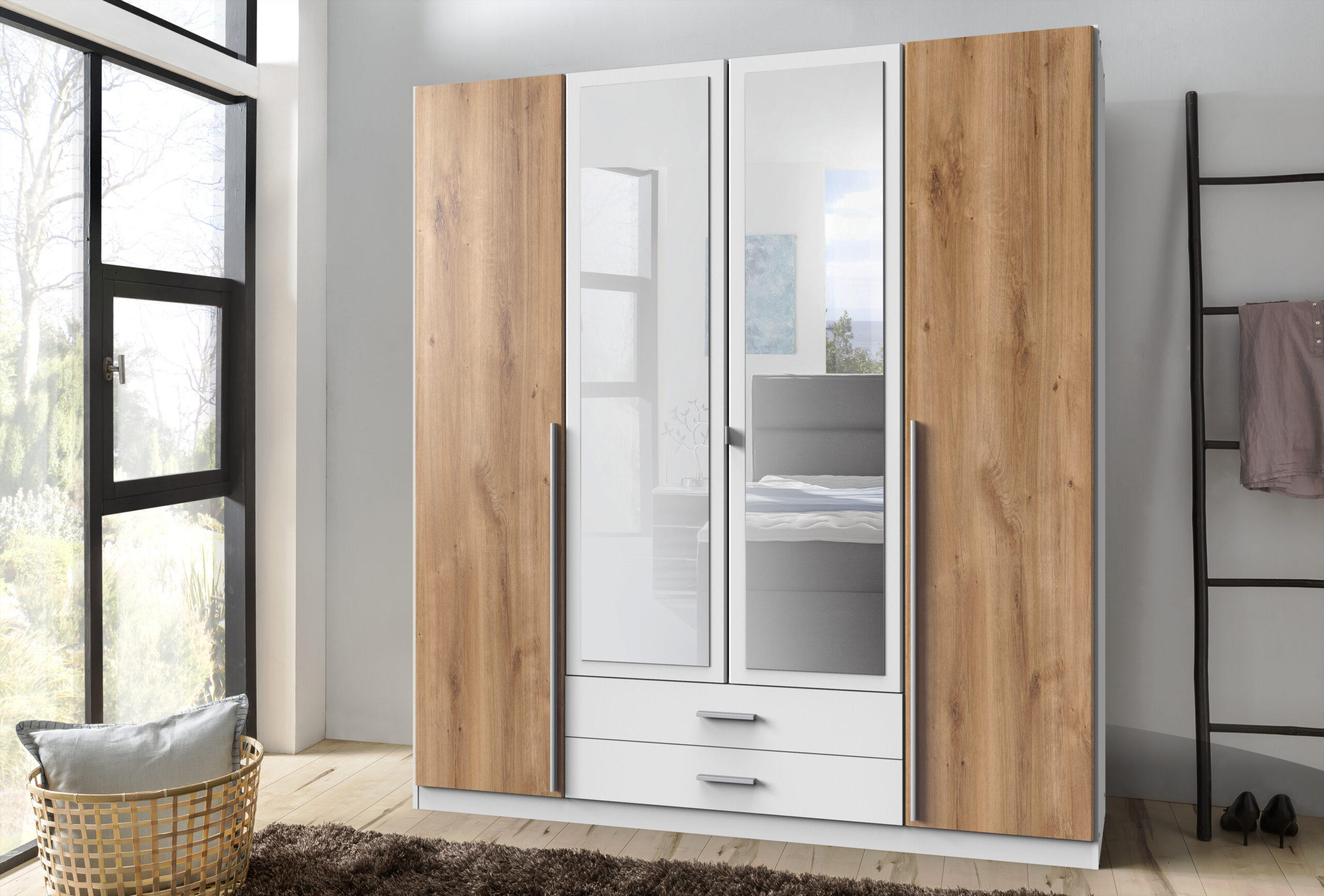 DREHTÜRENSCHRANK Skate Weiß mit Plankeneiche 179x197x58 cm BxHxT Kleiderschrank - Weiß, Holzwerkstoff (80/200/120cm)