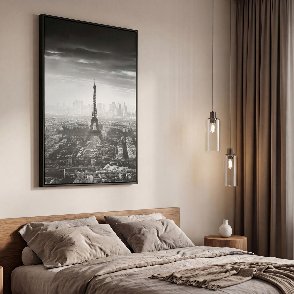 LEINWAND Bilder mit Rahmen - Paris - Skyline - Eiffelturm - Stadt - Wolken - 60x90 - Dunkelgrau, Textil (60/90cm) - MuchoWow