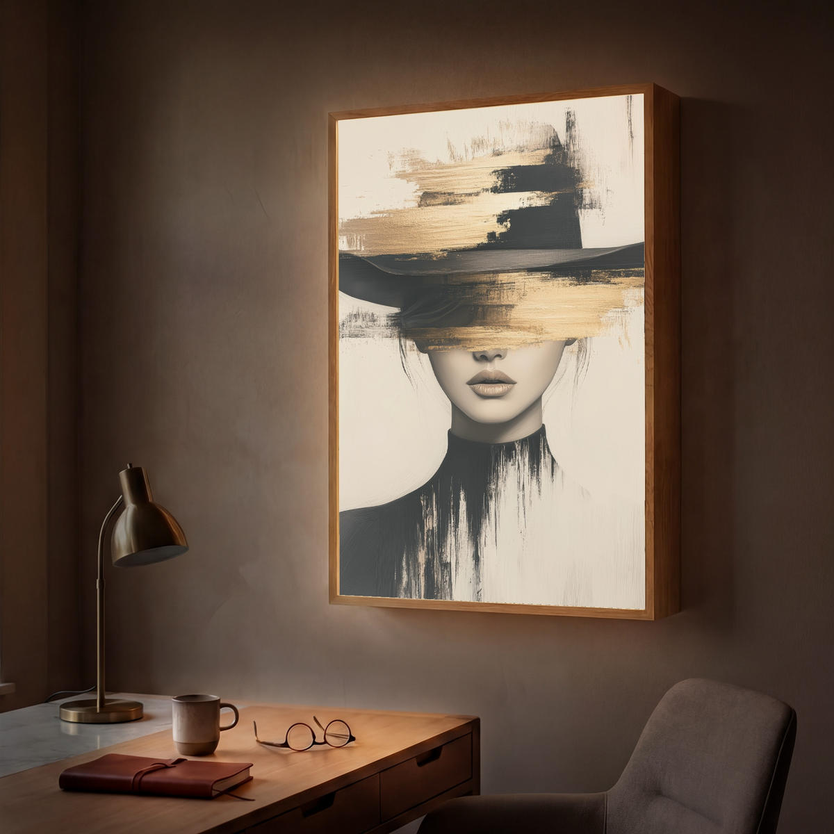 NÁSTĚNNÁ LAMPA S AKUMULÁTOREM Žena - klobouk - barva 70x100 cm - krémová, kompozitní dřevo (70/100/8cm) - OnlyWow