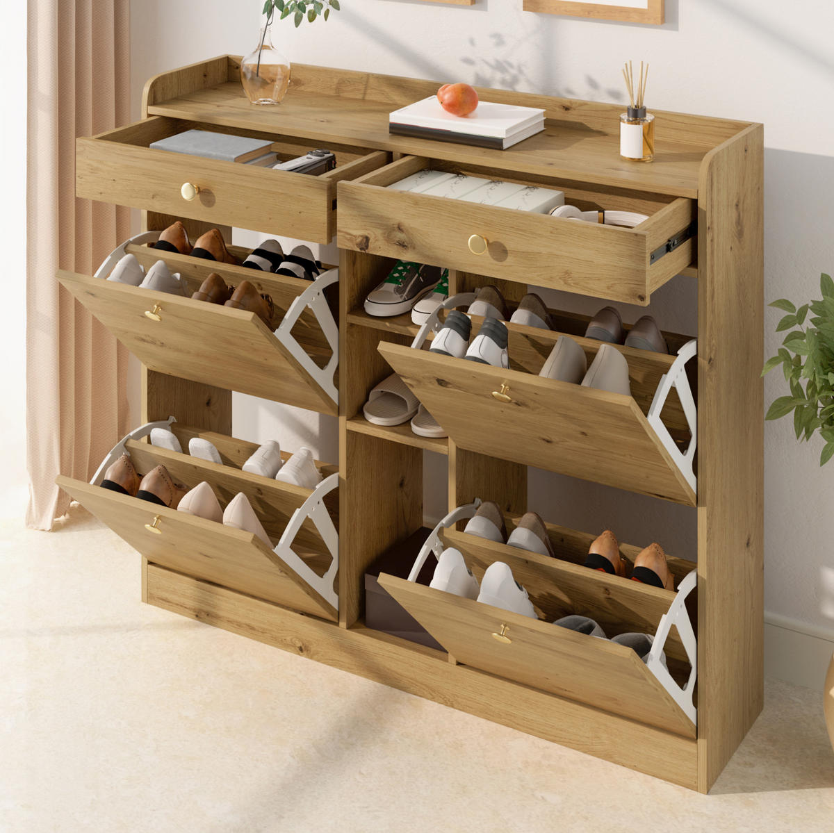 SCHUHSCHRANK 110/26/100 cm mit 4 Klapptüren, 2 Schubladen und 3 offenen Fächern, Natur - Naturfarben, Holzwerkstoff (110/100/26cm) - Redom