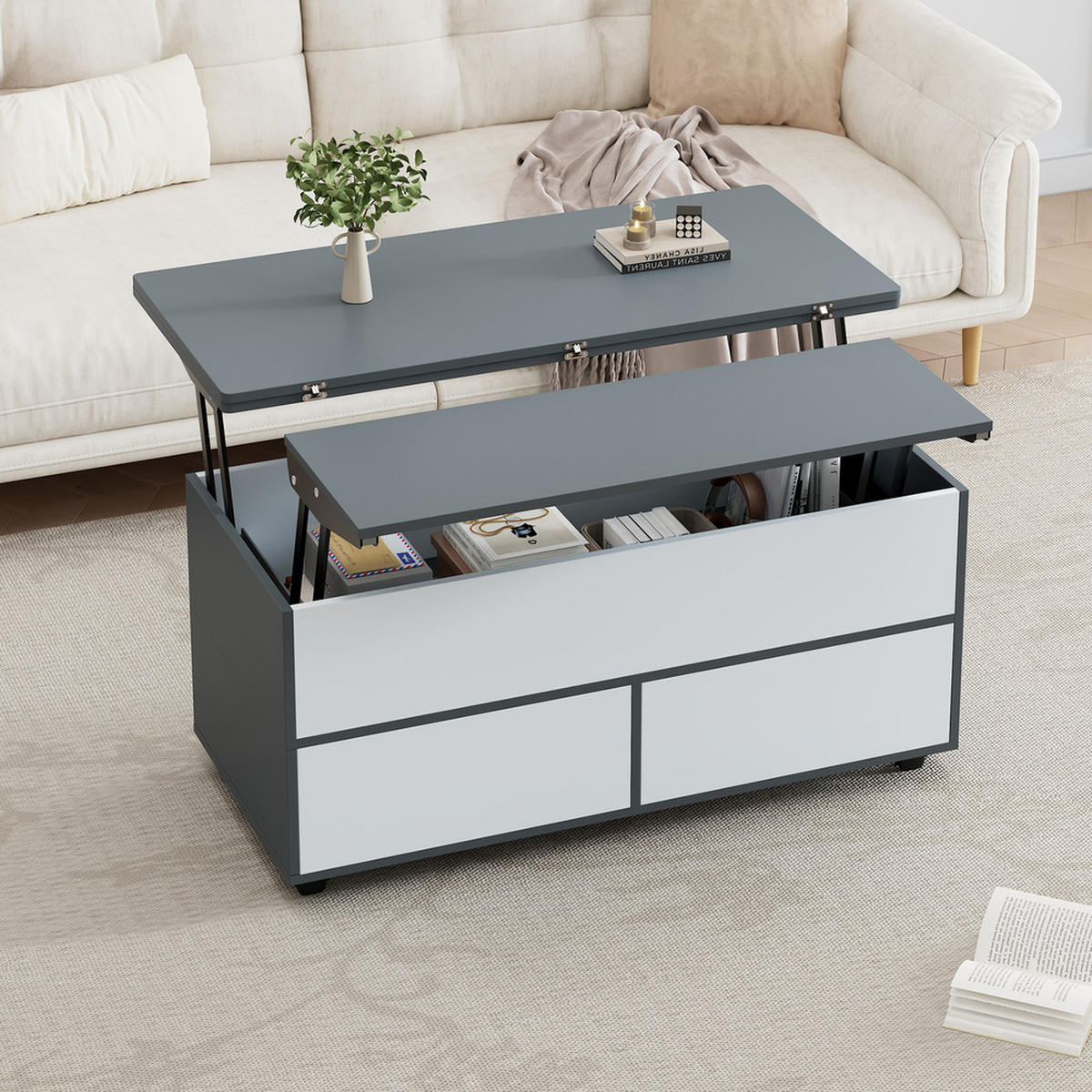 COUCHTISCH 100x98cm Höhenverstellbar Rollen Schubladen Esstisch Grau-Weiß - Grau, Holz (111.76/59.06/14.99cm) - FLIEKS