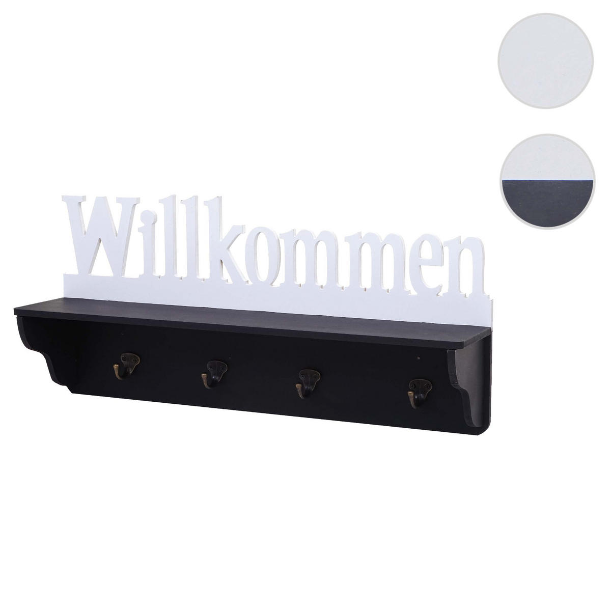 WANDGARDEROBE WILLKOMMEN 4 HAKEN Schwarz, Reinweiß - Schwarz/Weiß, Holz (60/30/13cm) - MCW