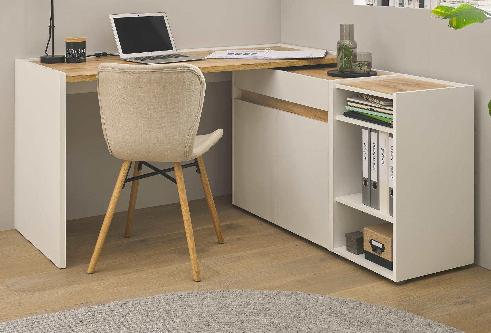 SCHREIBTISCHKOMBINATION 3-teilig weiß, Eiche Wotan 143 cm, Büromöbel Set mit Aktenregal und Kommode - Eichefarben/Silberfarben, Holzwerkstoff/Kunststoff (140/143/76cm) - Furn.Design