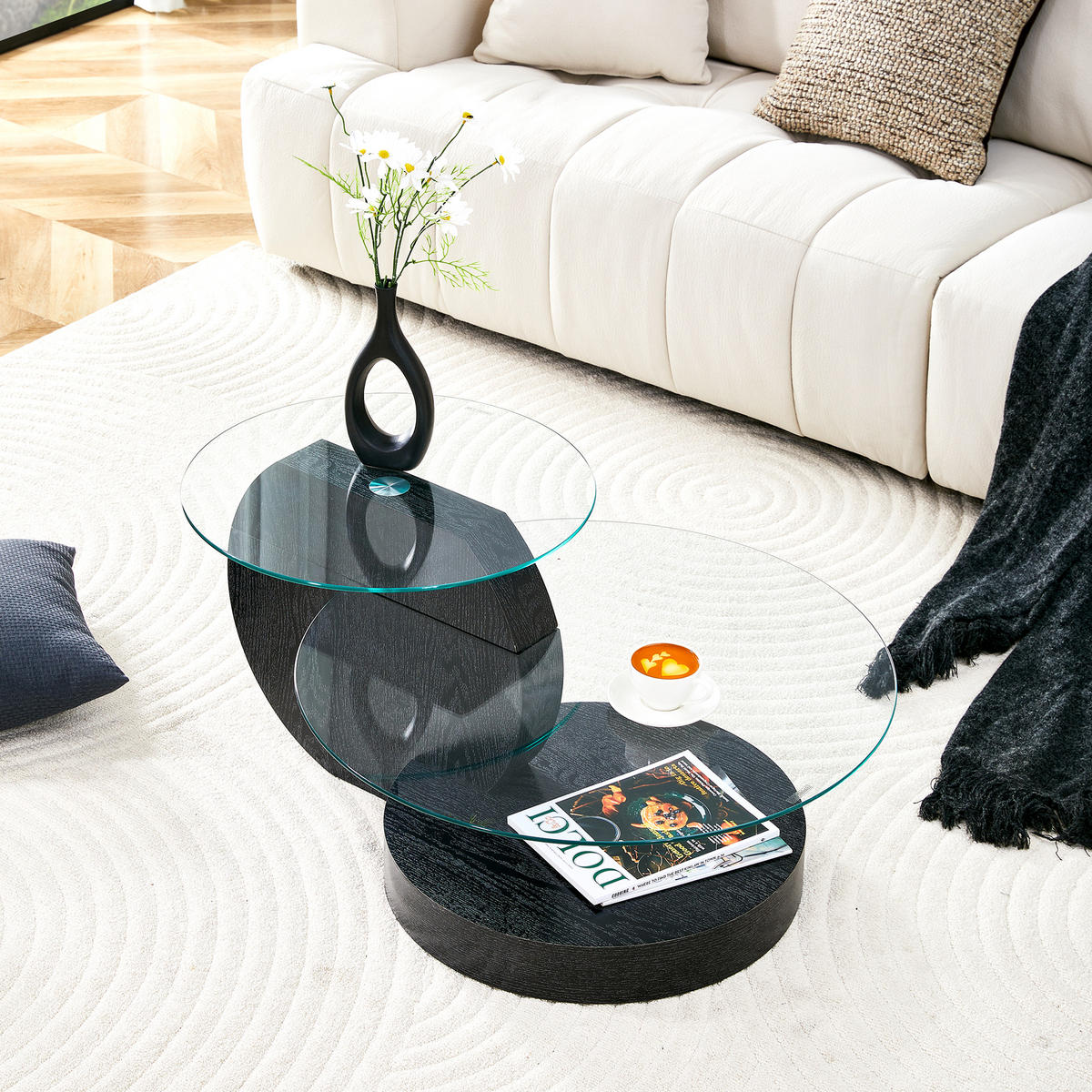 COUCHTISCH in Schwarz Wohnzimmertisch mit zwei Ebenen aus Sicherheitsglas für Wohnzimmer, B90/T70/H44 cm - Transparent/Schwarz, Glas/Holzwerkstoff (90/90/44cm) - STILVORA