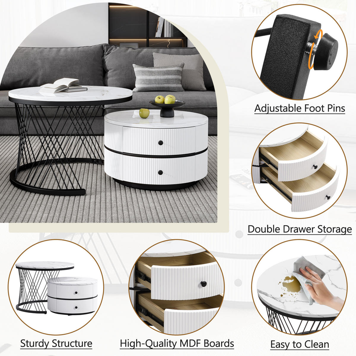 COUCHTISCH DE-177 Nesting-Kombination Weiß - Weiß, Holzwerkstoff (60/60/46cm) - ComfortXL