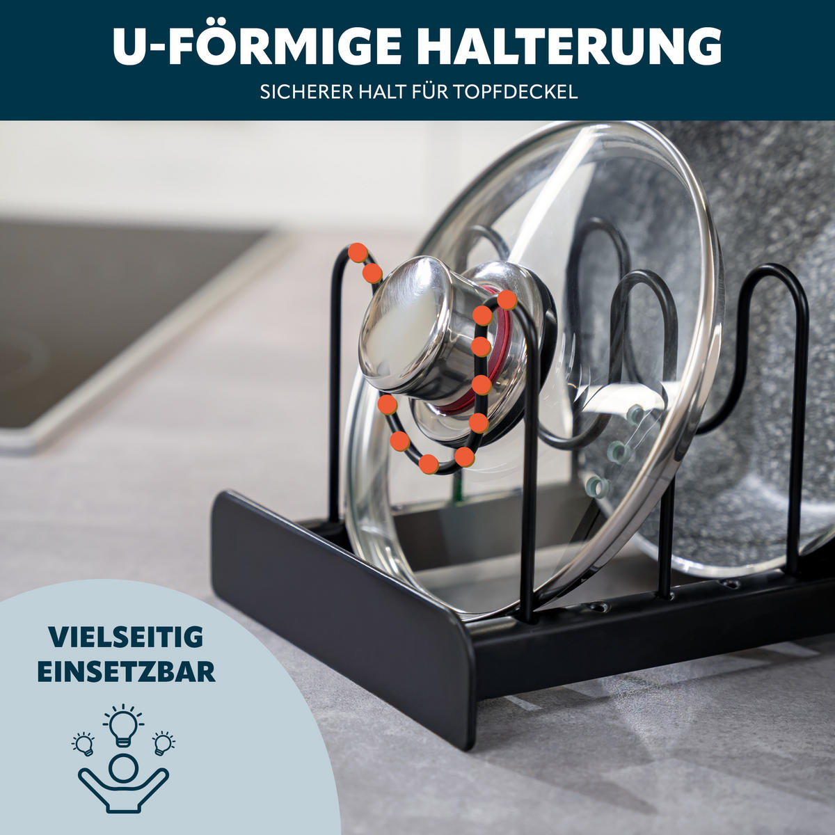 TOPFDECKELHALTER, schwarz - Schwarz, Metall (17/14/47cm) - eluno