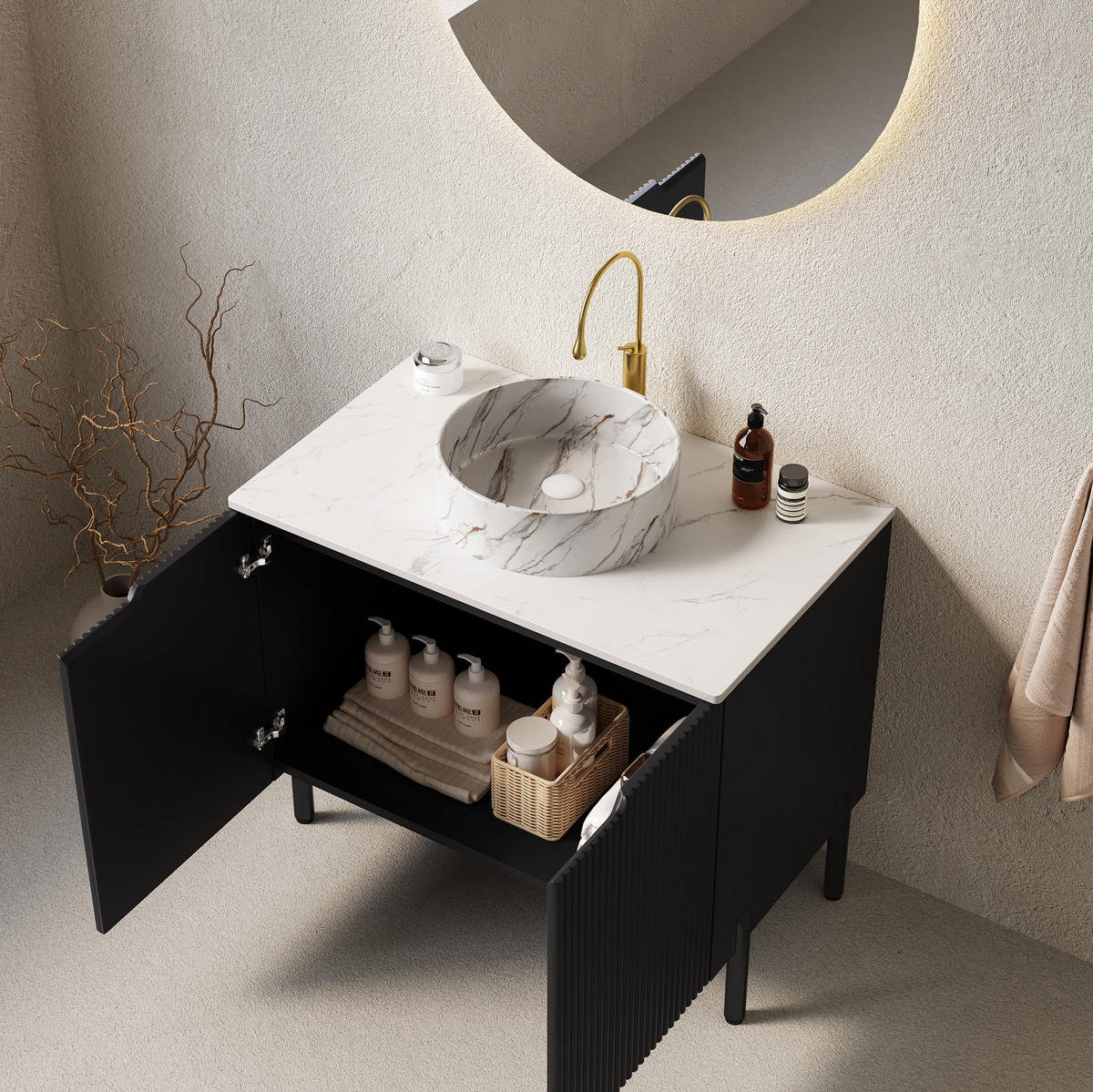 WASCHTISCHKOMBI 76/48/73,8 cm schwarz/weiß aus Keramik und MDF mit Soft-Close - Schwarz, Keramik (76/87/48cm) - OKWISH