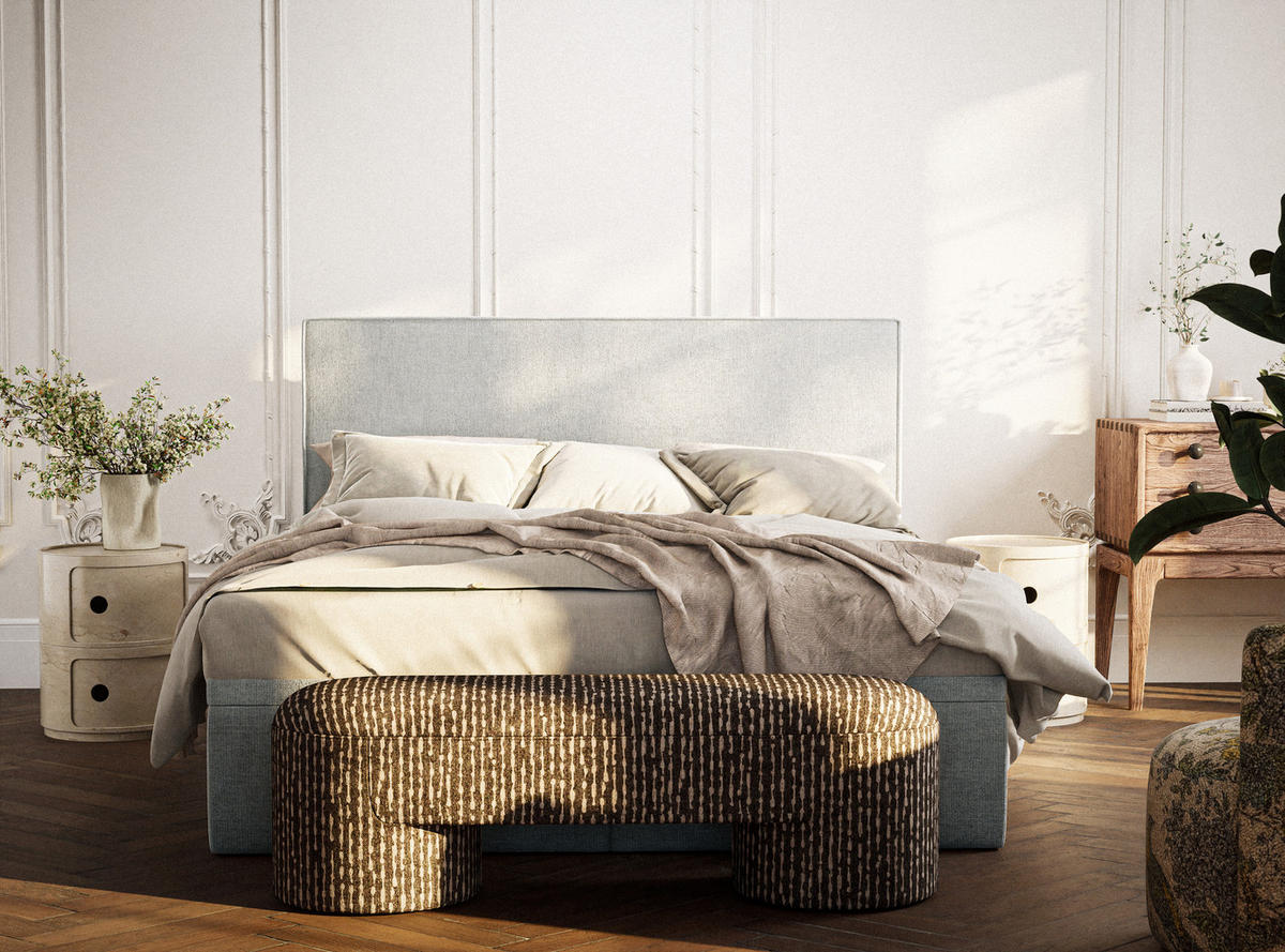 BOXBETT 140/200 cm Tegal, in Hellbeige, Matratze, gepolstertes Kopfteil, Bettkasten, H3 = fest - Beige/Schwarz, Holz/Holzwerkstoff (140/200cm) - Maison de Reve