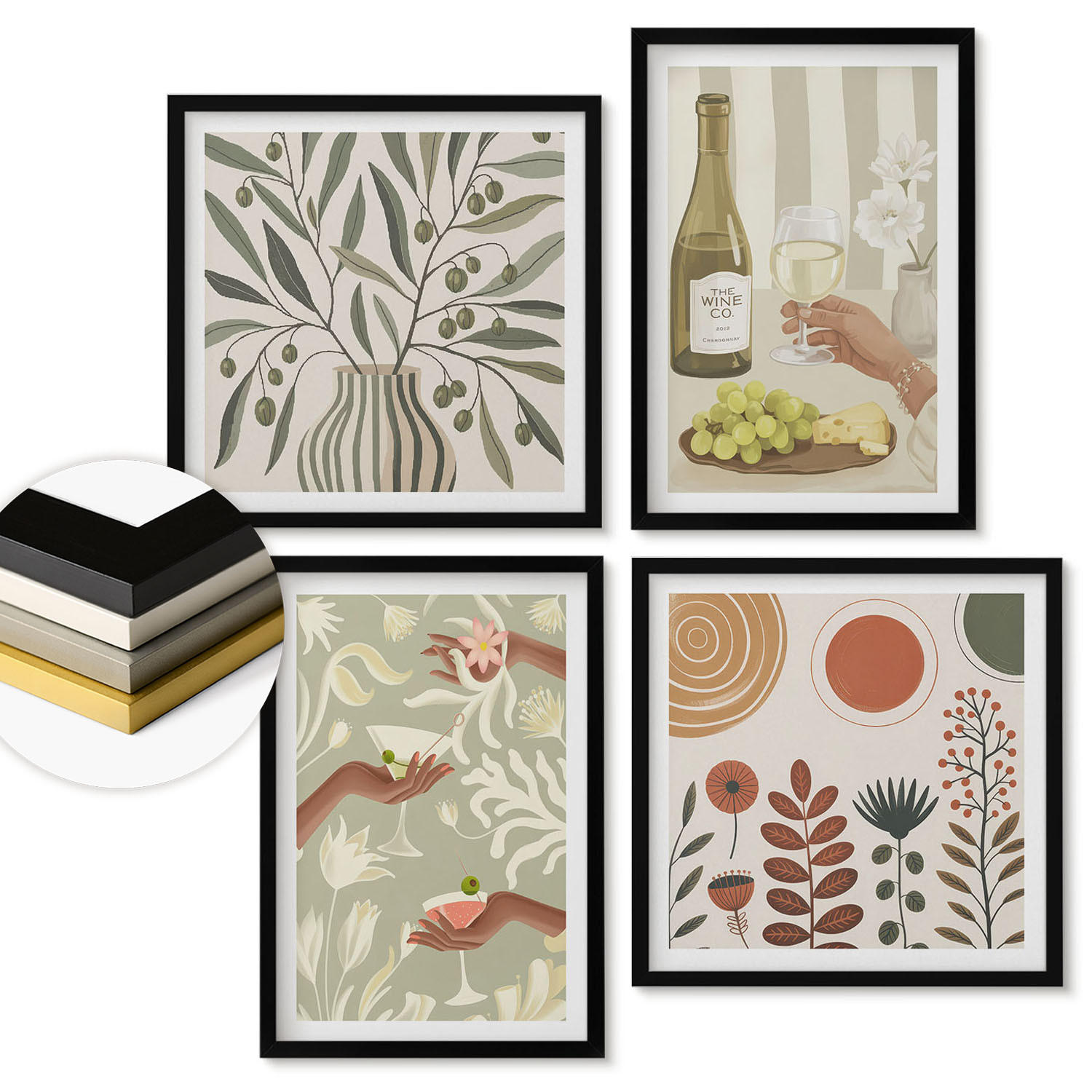 WANDBILDER 4er-Set - 50x50 cm & 40x60 cm Schwarzer Rahmen - Rustikale Cocktails mit Olivenblüten - Schwarz, Kunststoff (50/50cm) - ArtPrintCave