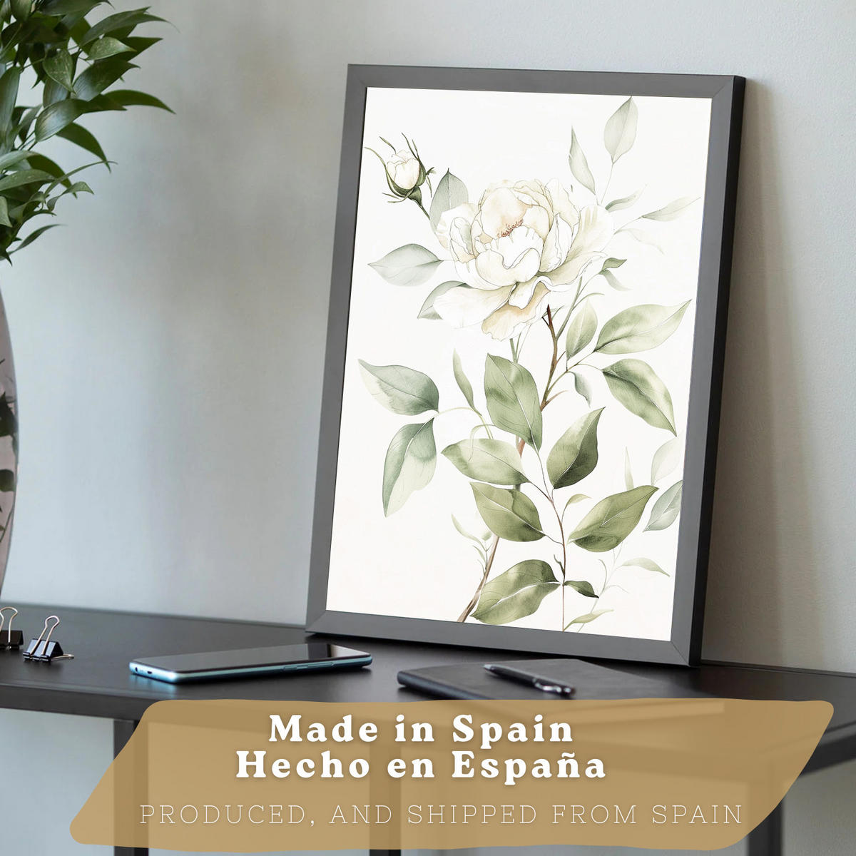 PLAKAT Sada 3 botanických tisků Zelenobílé květy. Akvarelové plakáty rostlin v jemných zelených tónech Obrázky. Černý rám velikosti A3 - černá, papír (29.7/42/3cm) - Nacnic