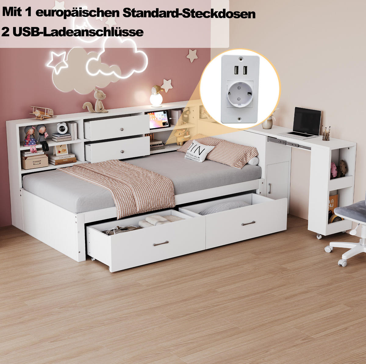 BETT 90/200 cm Weiß aus Holz mit Stauraum und ausziehbarem Schreibtisch - Weiß, Holz (90/200cm) - OKMYHOME