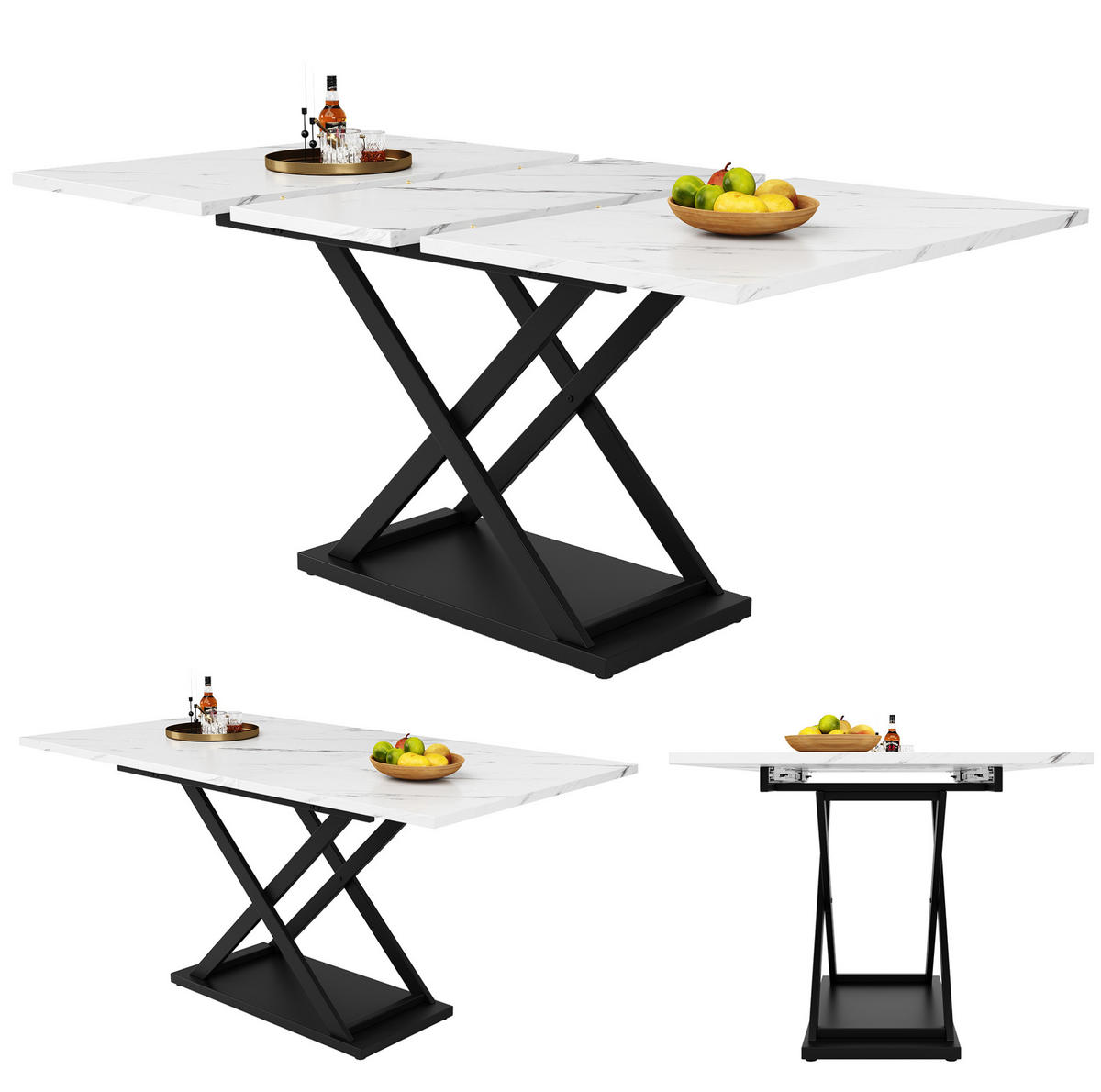ESSTISCH aus MDF und Metall 120-160x80x75 cm Weiß/Schwarz ausziehbar mit Kreuzgestell und Marmor-Optik - Weiß, Holzwerkstoff (160/80/75cm) - Modfu
