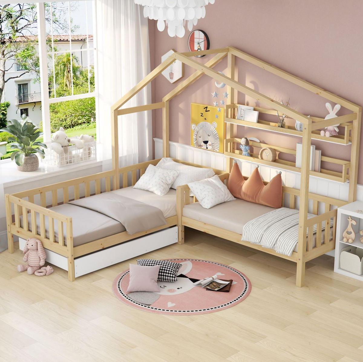 KINDERBETT aus Kiefernholz 90x200 cm+140x70 cm Natur mit Schublade, Regalen und Lattenrost in L-Form - Naturfarben, Holz (90/200cm) - Modfu