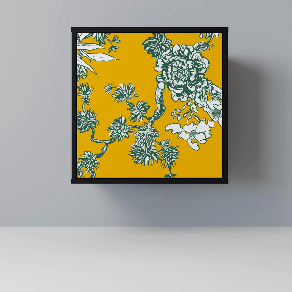 SIDEBOARD YELLOW CHINOISERIE, Schwarz, 57,5x42x67,5 cm, Schwarze Metall-Rahmenfüße - Multicolor/Schwarz, Holzwerkstoff/Metall (57.5/67.5/42cm) - SpaceRebels
