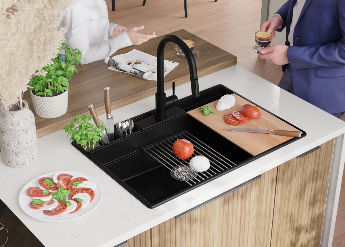 SPÜLBECKEN New York, 2-er set Schwarz 78/53 cm 1 Becken + Ablauf-Set + Küchenzubehörset ab 80er Unterschrank - Chromfarben/Beige, Kunststoff (78/20/53cm) - Primagran
