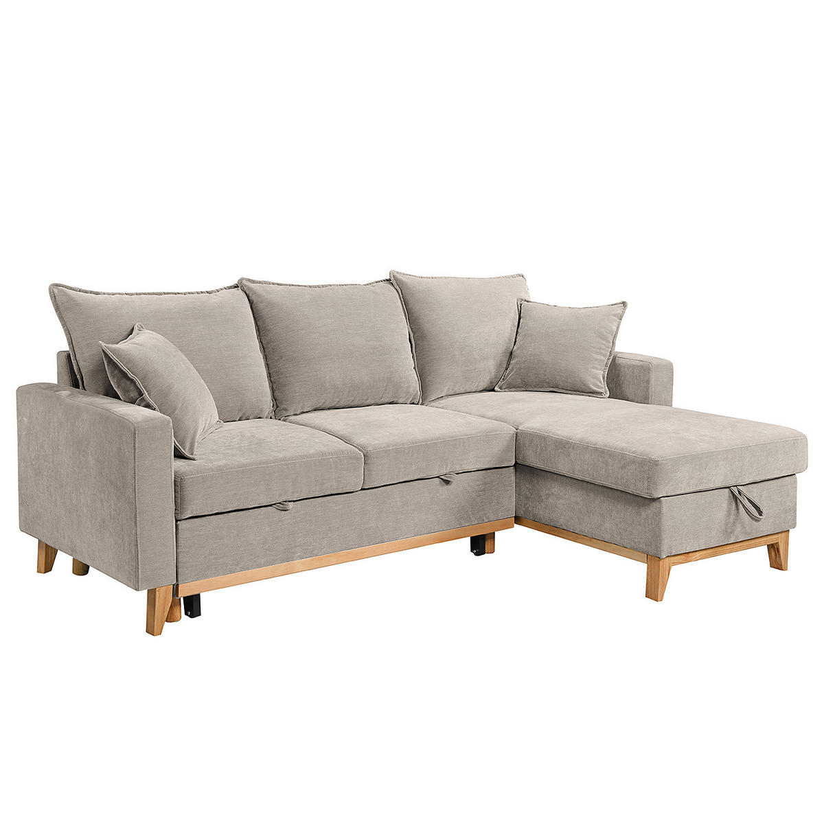ECKSOFA mit Schlaffunktion - Flachgewebe - Hellbraun/Grau, Holz/Textil (214/145cm) - home24