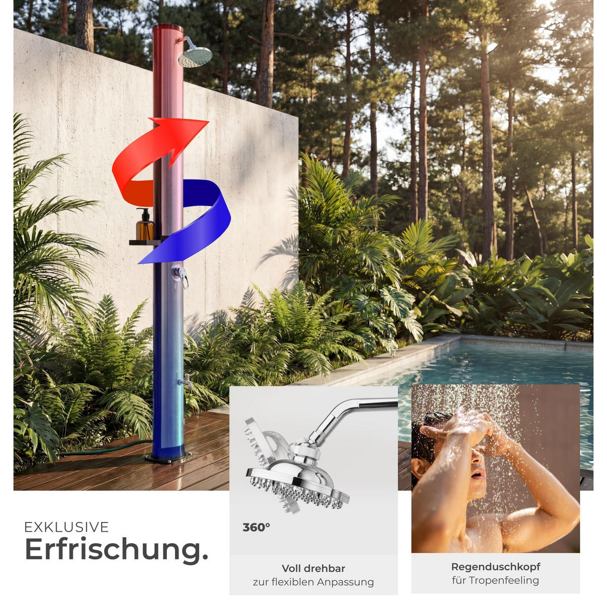 SOLARDUSCHE Orinoco, extra Wasserhahn, inklusive Schutzhülle, schwarz/silber - Silberfarben/Schwarz, Kunststoff (19.5/222/47cm) - tectake