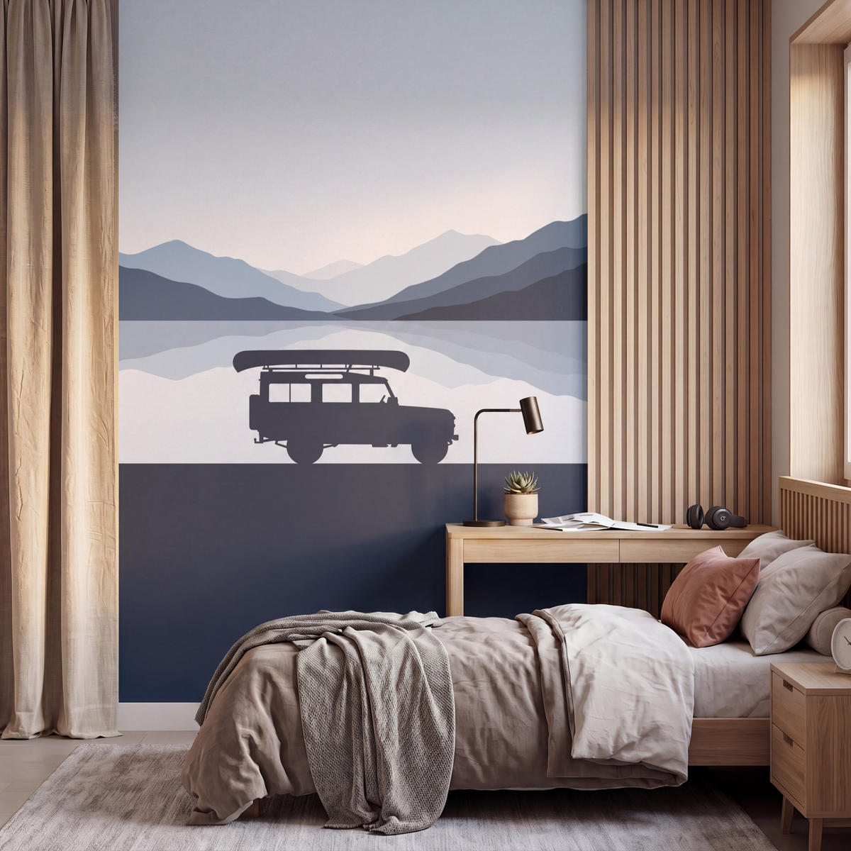 KINDERTAPETE - Auto - See - Berge - Blau - 200x300 cm - Blaugrau, Papier (200/300cm) - OnlyWow