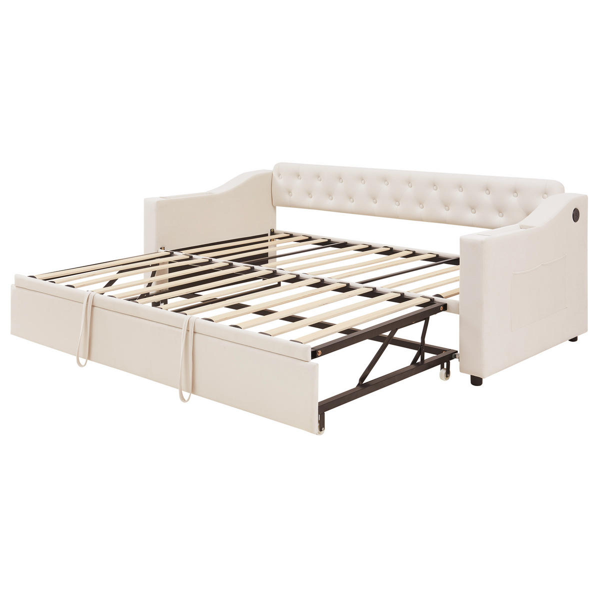BETT 90/190 cm ausziehbar auf 180/190 cm mit USB und Lattenrost - Beige, Textil (90/180cm) - BEAOK