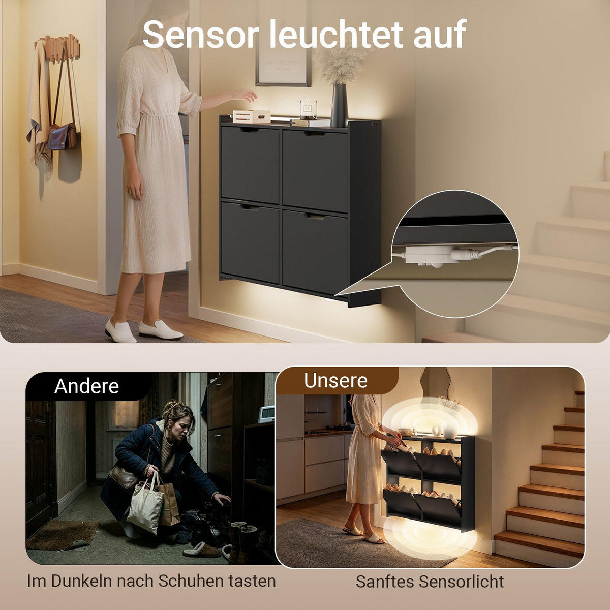 SCHUHSCHRANK mit 4 Klappen und Sensorlicht Schwarz 100x19x93cm - Schwarz, Holzwerkstoff (19/93/100cm) - SoBuy