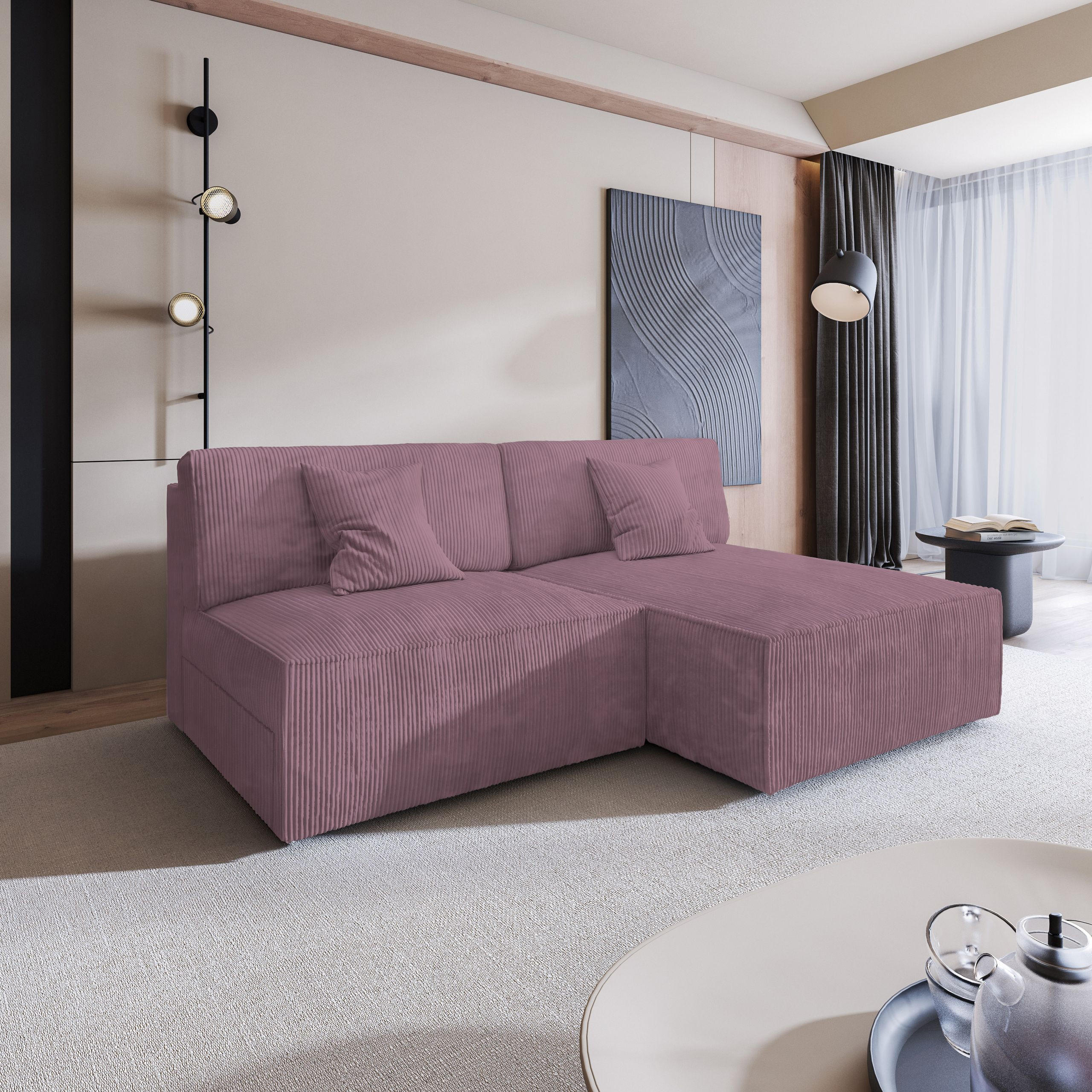 ECKSOFA FIORO P Lila Kordstoff mit Schlaffunktion - Lila, Holz (204/148cm) - MASSENO