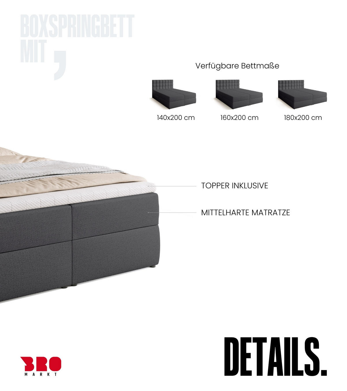BOXBETT Detroit mit Topper 140/200 Dunkelgrau - Dunkelgrau, Textil (140/200cm) - Bromarkt