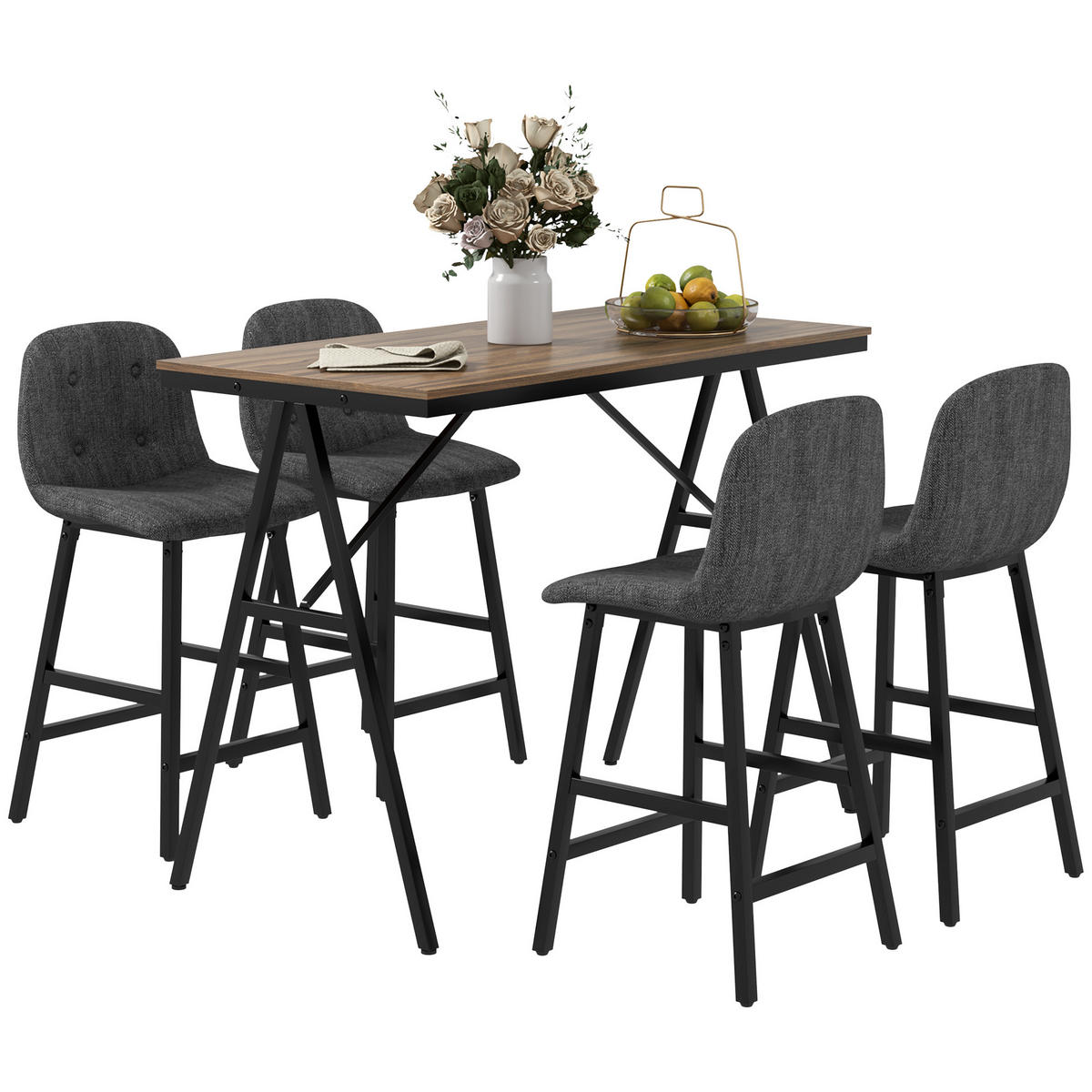 BARGARNITUR 5-teilig DE-07974 Tisch und 4 Stühle mit Knopfheftung Dunkelgrau - Dunkelgrau, Holzwerkstoff (60/91/120cm) - ComfortXL