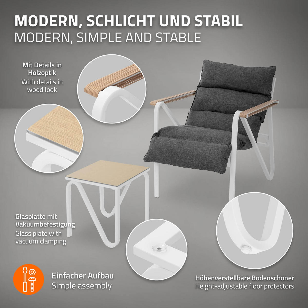 ZAHRADNÍ nábytek, 3dílná sada, bílá-šedá, s ocelovým rámem - bílá/antracitová, kov/textil - ML-DESIGN