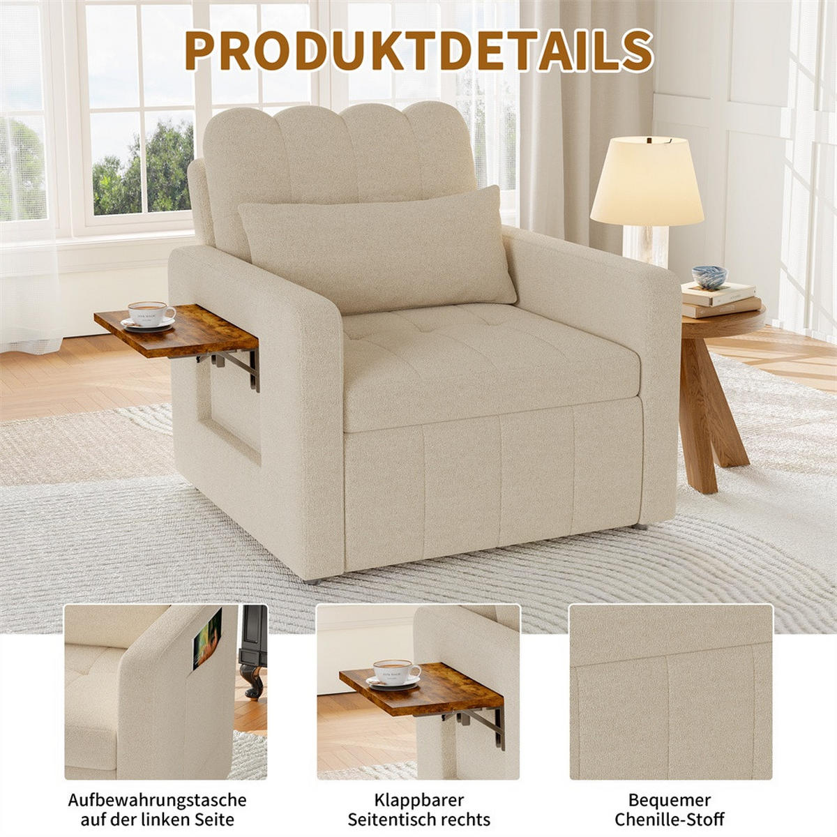 SCHLAFSESSEL mit klappbarem Ablagetisch und Seitentasche - Beige - Beige, Textil (85/86/108cm) - DELFA