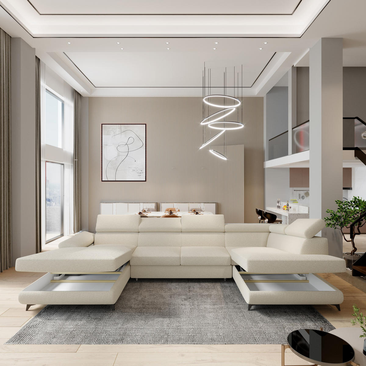 WOHNLANDSCHAFT RUBANO R-S Creme Boucle-Stoff mit Schlaffunktion - Creme, Holz (339/89/190cm) - MASSENO