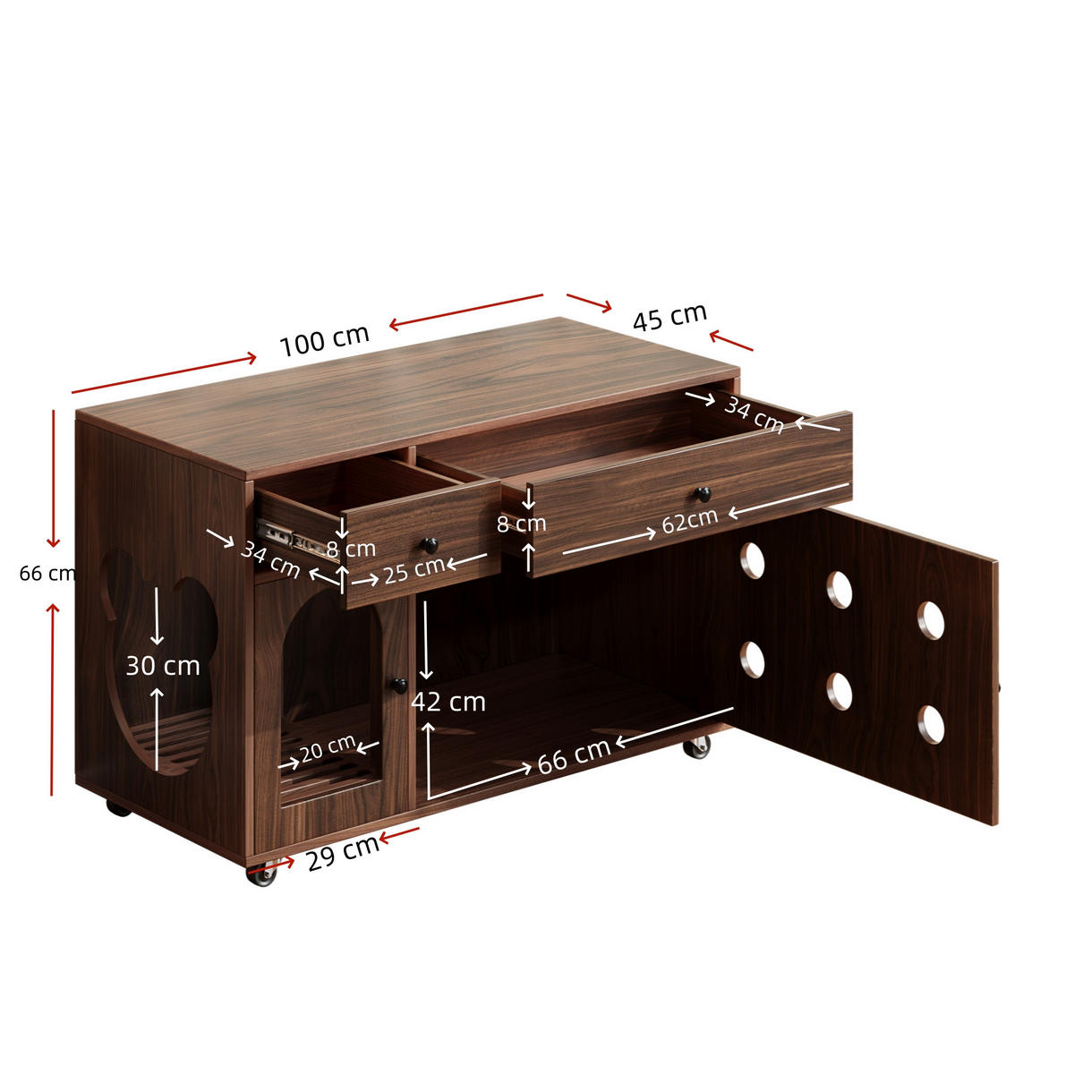 SIDEBOARD Nussbaumfarbe aus MDF 100×45×66cm als Katzenkloschrank mit Sandauffangplatte und Schubladen - Nussbaumfarben, Holzwerkstoff (45/66/10cm) - Luhomfu