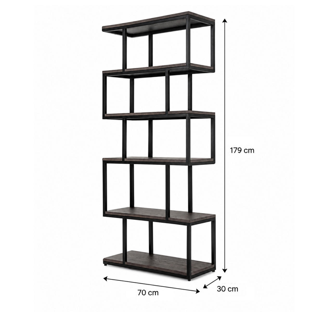 BÜCHERREGAL Wooden, Eiche Espresso, Metall Schwarz - Braun, Holz (70/179/30cm) - WOODEK
