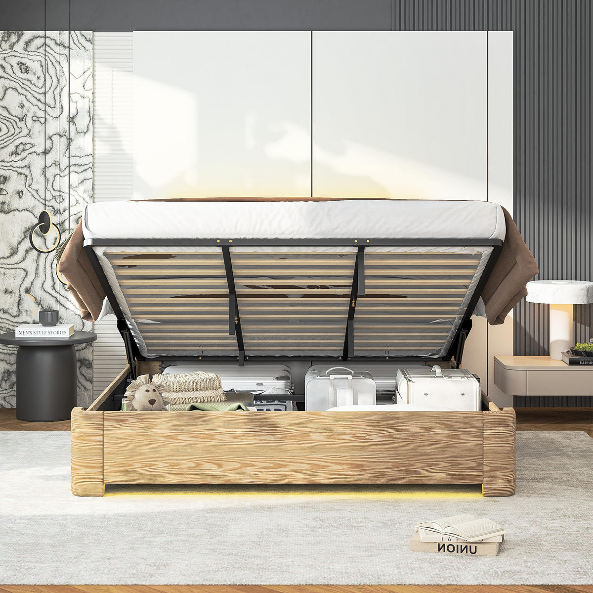 POLSTERBETT 180x200 cm in Beige mit LED-Beleuchtung und Gasdruckfeder - Beige, Textil (180/200cm) - IVMEU